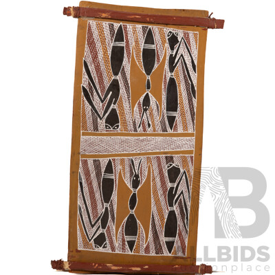 Possibly Norman Mangawila (20th Century, Indigenous-Australian, 1933-1991), Spirit Insects, Natural Earth Pigments on Eucalyptus Bark Vintage Wall Hanging, 47 x 23 cm (dimensions Approx)