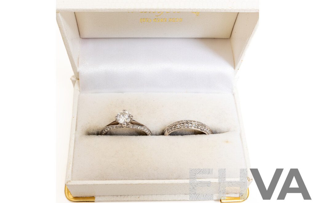 18ct White Gold Diamond Engagement & Wedding Ring Set, TDW 1.71ct, Size N1/2 & O, 8.13 Grams