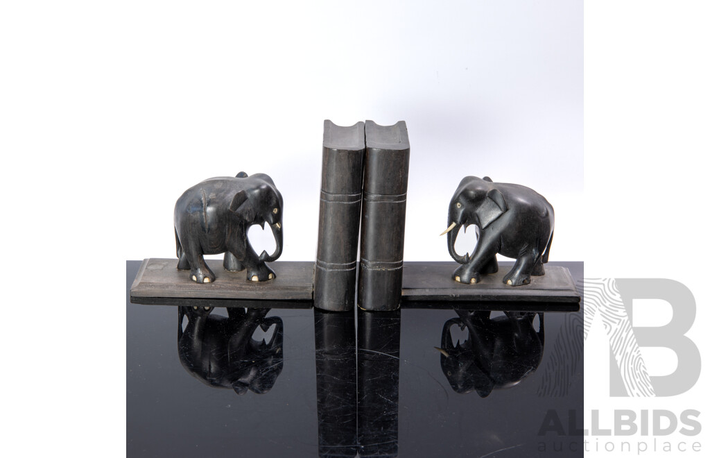 Pair Vintage Hand Carved Anglo Indian Elephant Themed Ebony Bookends with Bone Detail