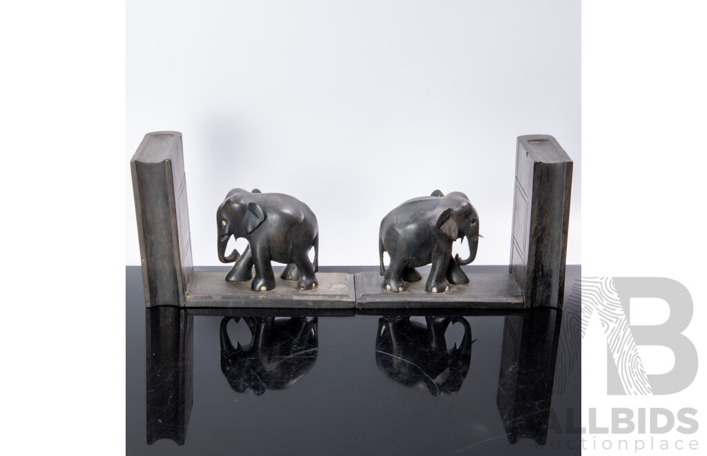 Pair Vintage Hand Carved Anglo Indian Elephant Themed Ebony Bookends with Bone Detail