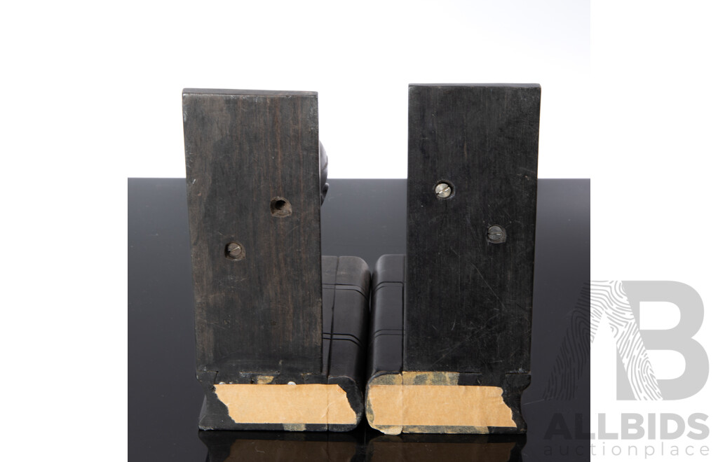 Pair Vintage Hand Carved Anglo Indian Elephant Themed Ebony Bookends with Bone Detail