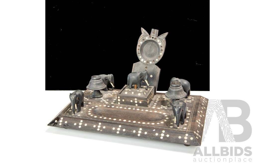Antique Hand Carved Anglo Ceylonese Desk Standish with Elephant Detail and Bone Inlay