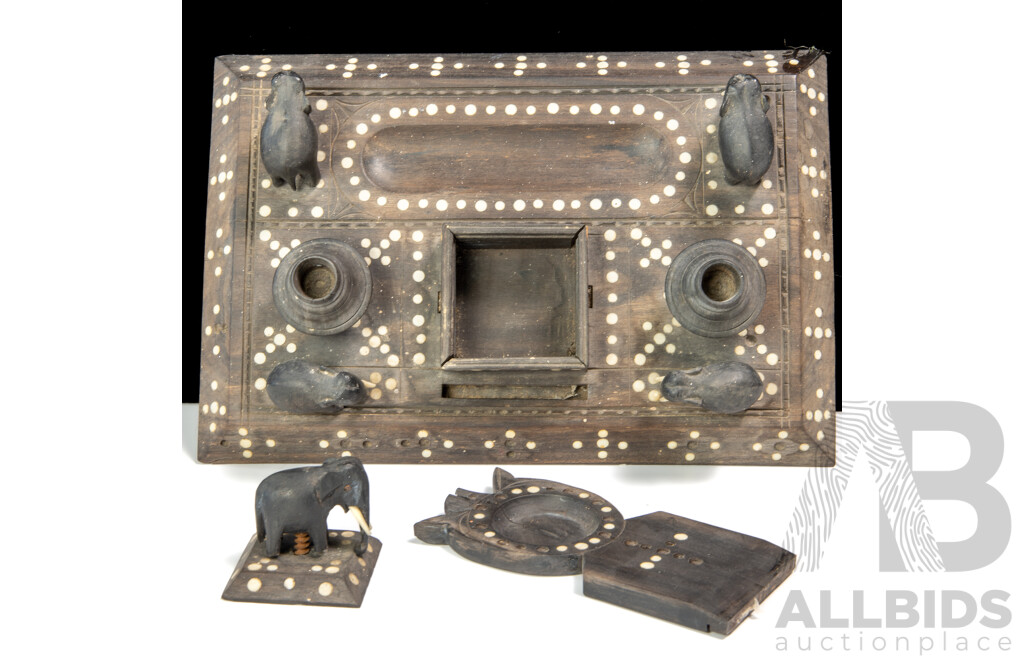 Antique Hand Carved Anglo Ceylonese Desk Standish with Elephant Detail and Bone Inlay