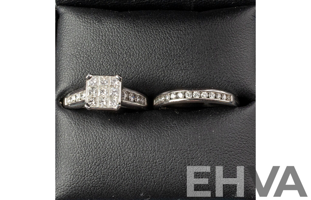 Mazzucchelli's 18ct Diamond Cluster Engagement & Wedding Ring Set, TDW 1.15ct, Size N, 7.43 Grams - as New