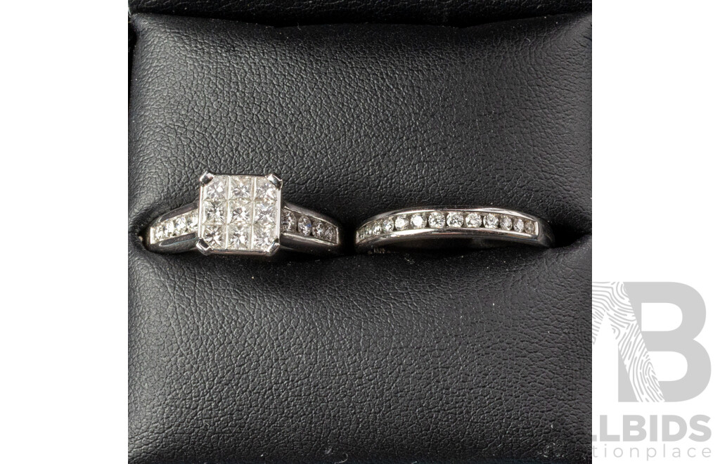 Mazzucchelli's 18ct Diamond Cluster Engagement & Wedding Ring Set, TDW 1.15ct, Size N, 7.43 Grams - as New