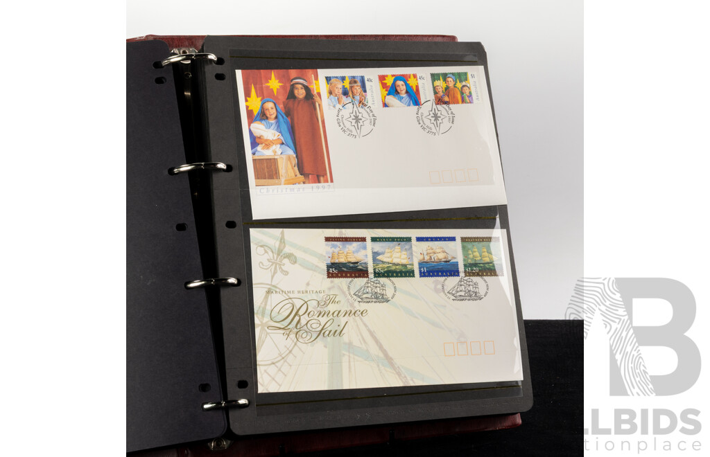 Two Albums of Australian First Day Covers, Examples Spanning 1993 to 1996 Including Trains of Australia, Native Wildlife, Centenary of Cinema and More