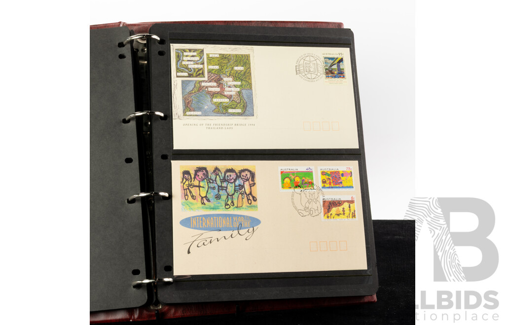 Two Albums of Australian First Day Covers, Examples Spanning 1993 to 1996 Including Trains of Australia, Native Wildlife, Centenary of Cinema and More
