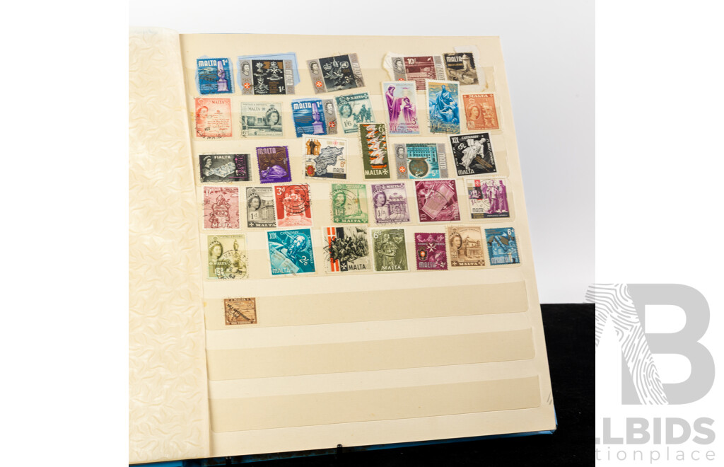 Three Albums of International Vintage Stamps Including Australia, Malta, New Zealand, Greece, France, Germany, India, Fiji and More