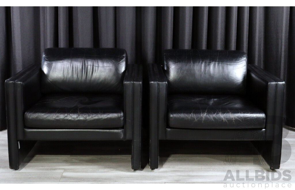 Pair of Modern Square Line Leather Armchairs