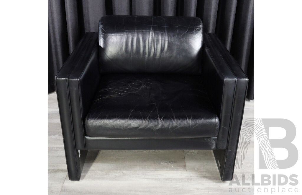 Pair of Modern Square Line Leather Armchairs