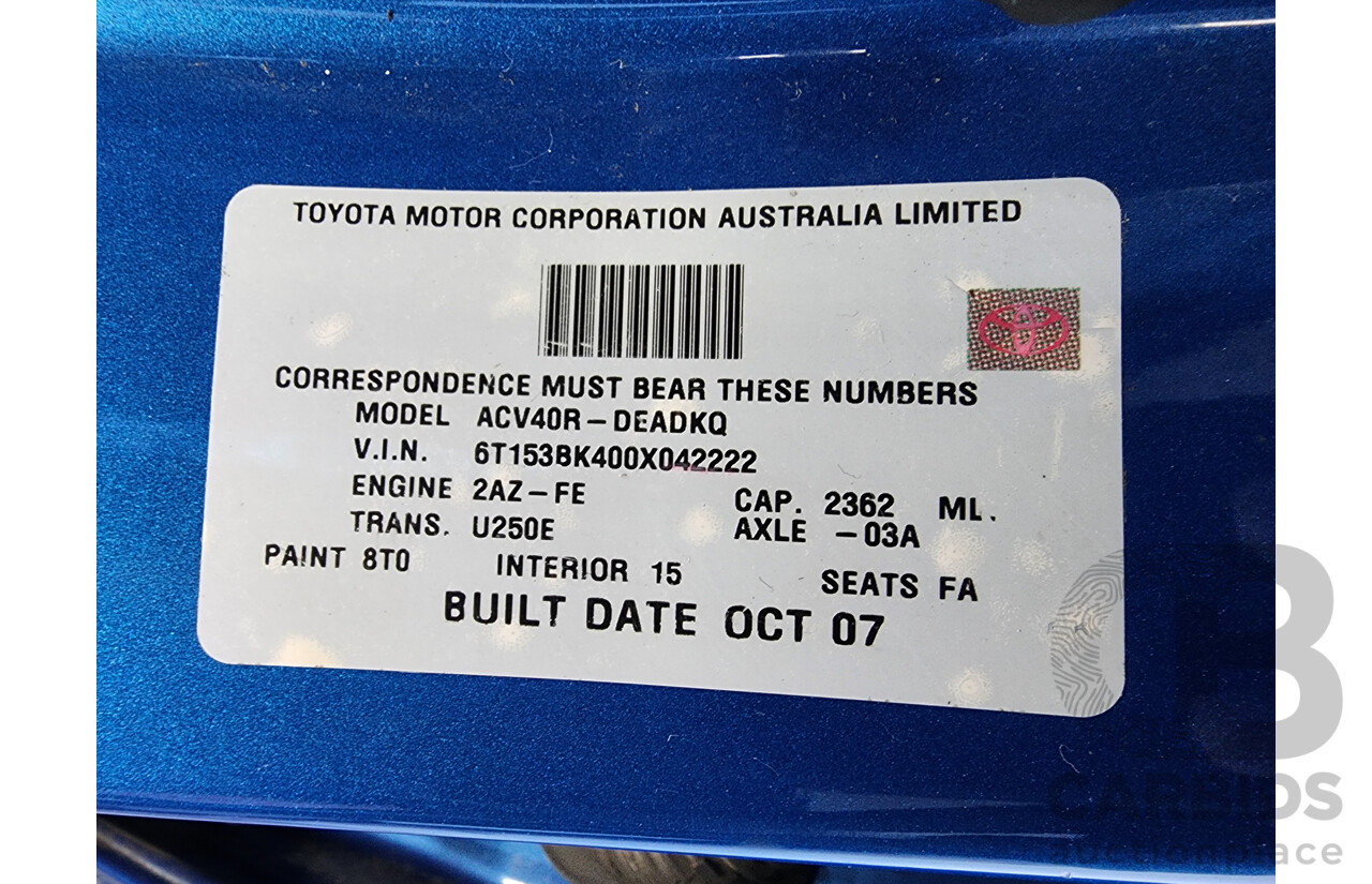 10/2007 Toyota Camry Altise ACV40R 07 UPGRADE 4d Sedan Blue 2.4L