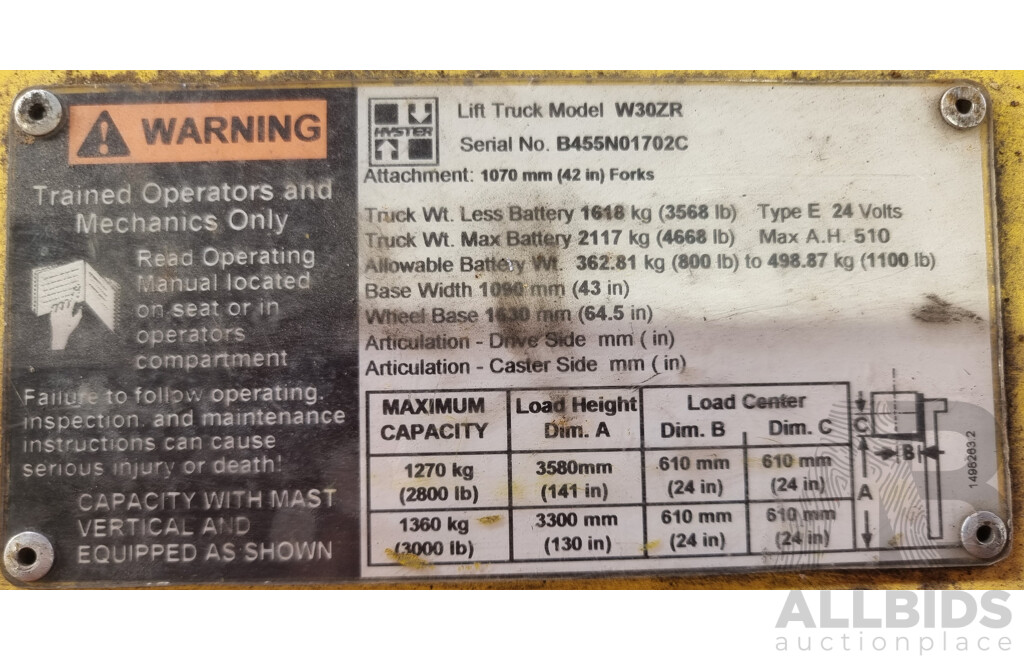 1.2T Hyster W30ZR Electric Pallet Jack - 3.58m FSV  - ALH164