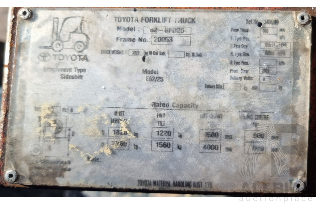 09/2009, Flame Proof 2.5Tonne, Air Compression, Diesel Engine Toyota Forklift - 4.5m FSV