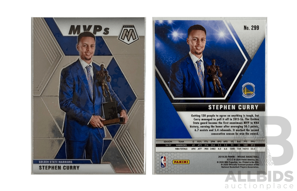 Stunning Panini Mosaic Mvps Card of Stephen Curry, Showcasing the Two-time MVP Holding His Trophy.