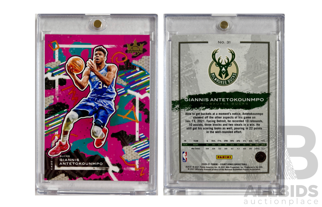 Color-splashed Donruss Elite Card Showcasing Giannis Antetokounmpo Mid-play in Vibrant, Modern Design.