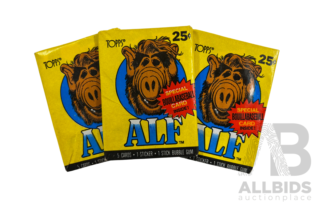 Set of 3 Sealed Alf Trading Card Wax Packs by Topps, With Stickers and Bubble Gum Inside.