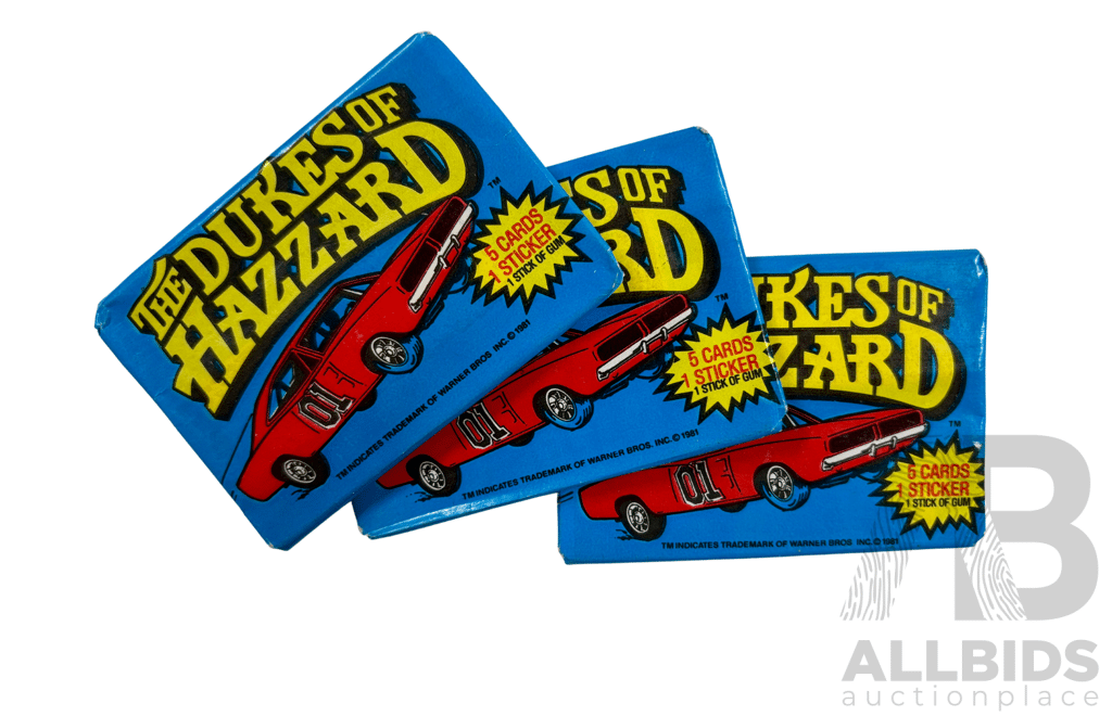 3 Sealed Dukes of Hazzard Wax Packs Featuring Cards and Stickers From the Classic Tv Series.