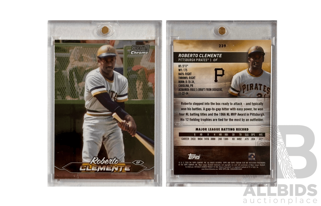 Topps Chrome Baseball Card Featuring Legendary Pittsburgh Pirate Roberto Clemente in Full Uniform.