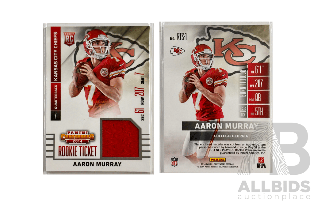 Panini Rookie Ticket Card for Aaron Murray Featuring Embedded Jersey Swatch and Bold Kansas City Chiefs Design.