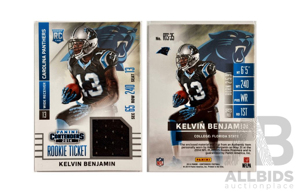 Panini Rookie Ticket Jersey Card Featuring Kelvin Benjamin in Full Carolina Panthers Gear.