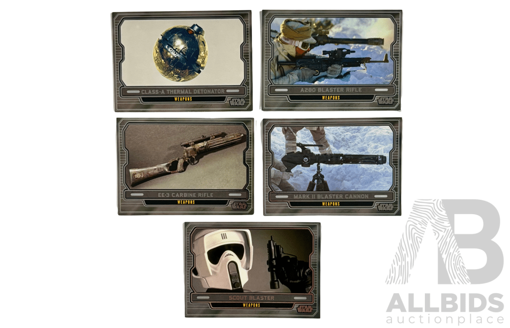 Set of 5 Star Wars Trading Cards Showcasing Iconic Weaponry and Blasters From the Saga.