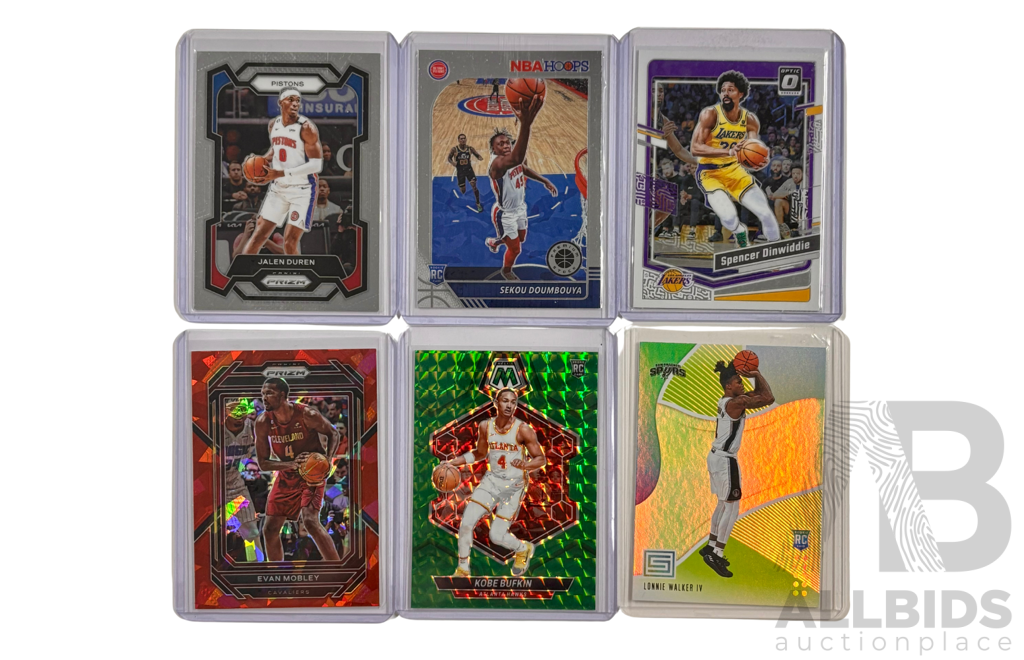 Lot of 6 Assorted Nba Basketball Cards Featuring Rookies and Stars in Bold Modern Designs.