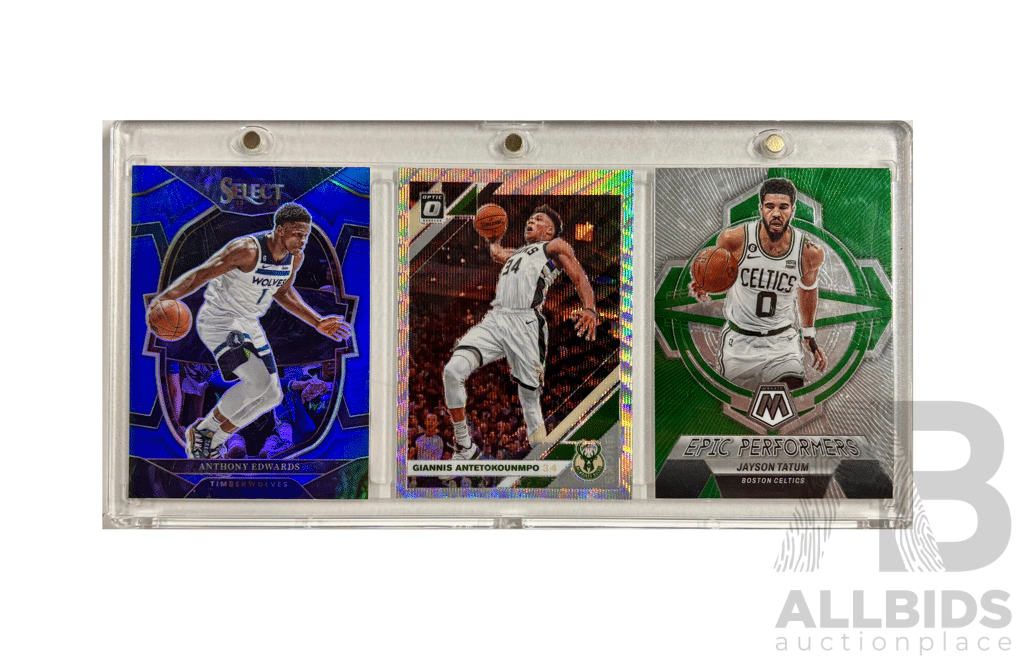 Lot of 3 Premium Nba Cards Featuring Anthony Edwards, Giannis Antetokounmpo, and Jayson Tatum.