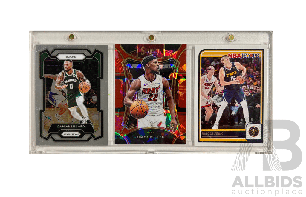 Triple Card Lot Featuring Damian Lillard, Jimmy Butler, and Nikola Jokic in Premium Formats.