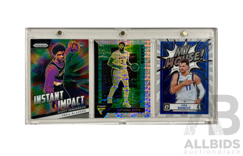 Slick Nba Card Lot Featuring Scoot Henderson, Anthony Davis, and Luka Doncic.
