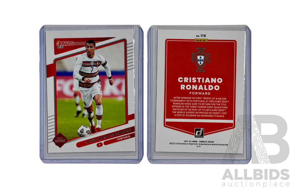 Clean, Modern Donruss Soccer Card of Cristiano Ronaldo in Full Portugal Kit.