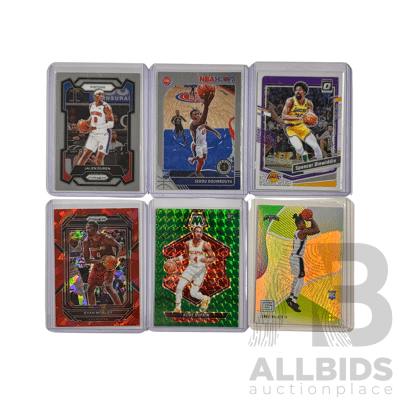 Lot of 6 Assorted Nba Basketball Cards Featuring Rookies and Stars in Bold Modern Designs.