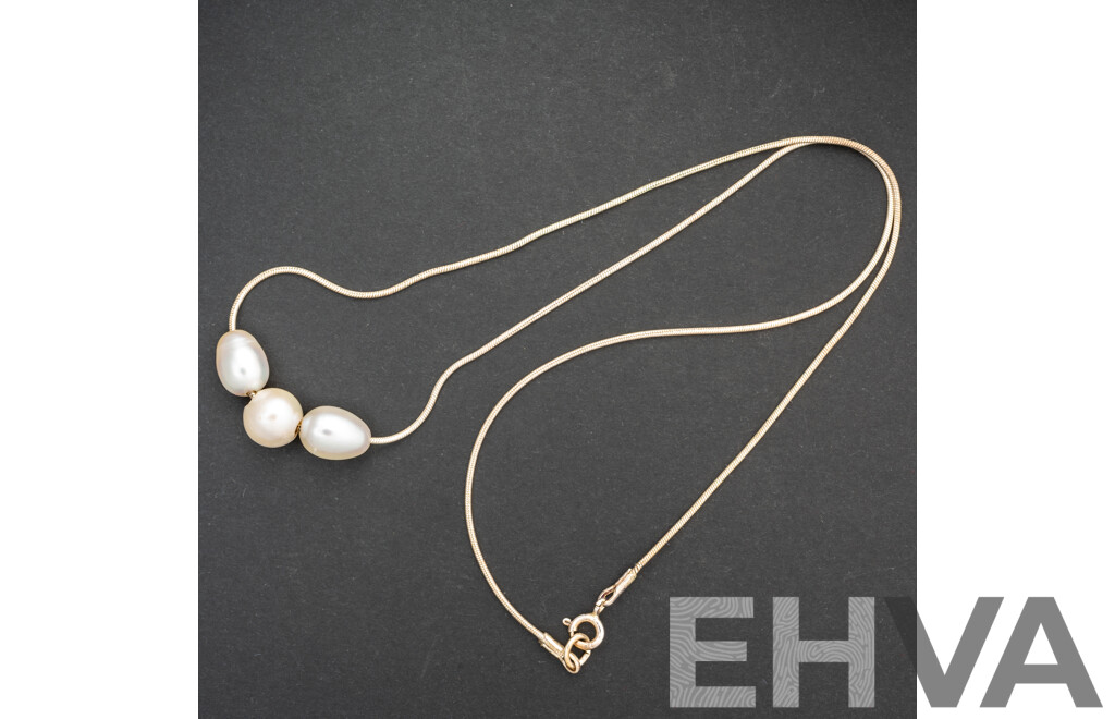 Sterling Silver (3) Cultured Pearl Slider Necklace, 45cm, 5.99 Grams