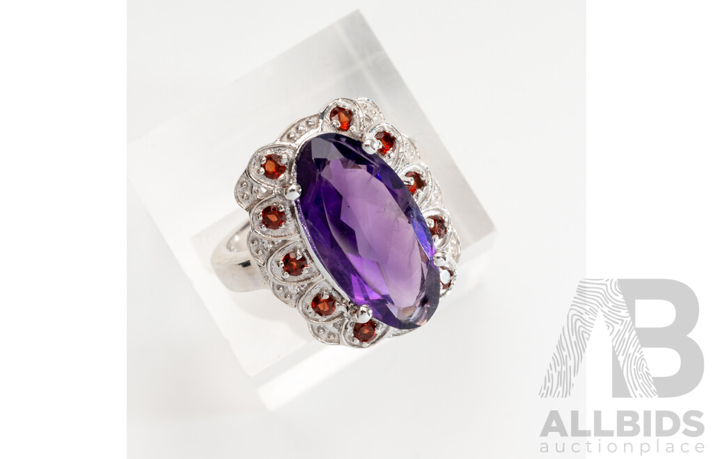Sterling Silver Amethyst & Garnet Cluster Ring, Size L, 6.08 Grams - as New