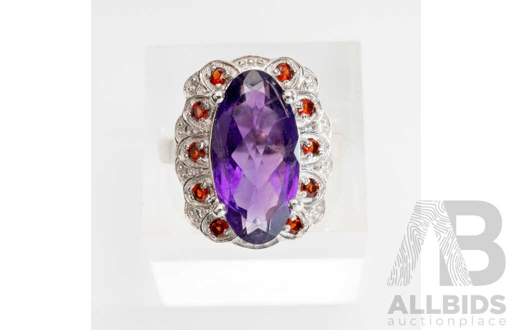 Sterling Silver Amethyst & Garnet Cluster Ring, Size L, 6.08 Grams - as New