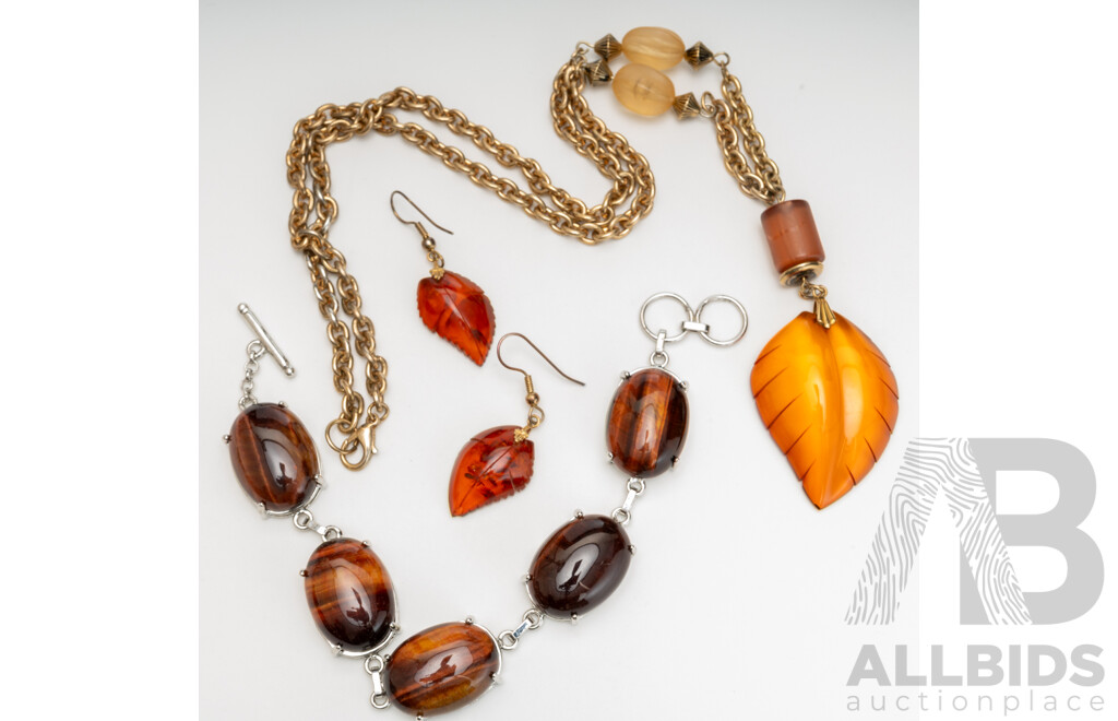 Amber Leaf Drop Style Earrings, Silver Tone Tigers Eye Bracelet & Gold Tone Faux Amber Necklace