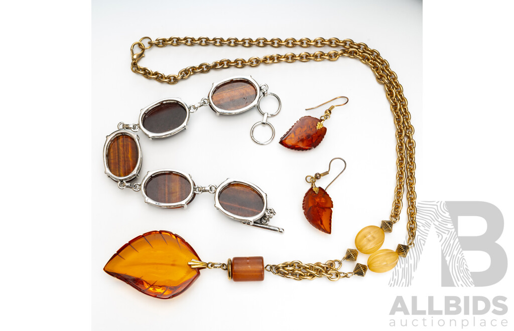 Amber Leaf Drop Style Earrings, Silver Tone Tigers Eye Bracelet & Gold Tone Faux Amber Necklace