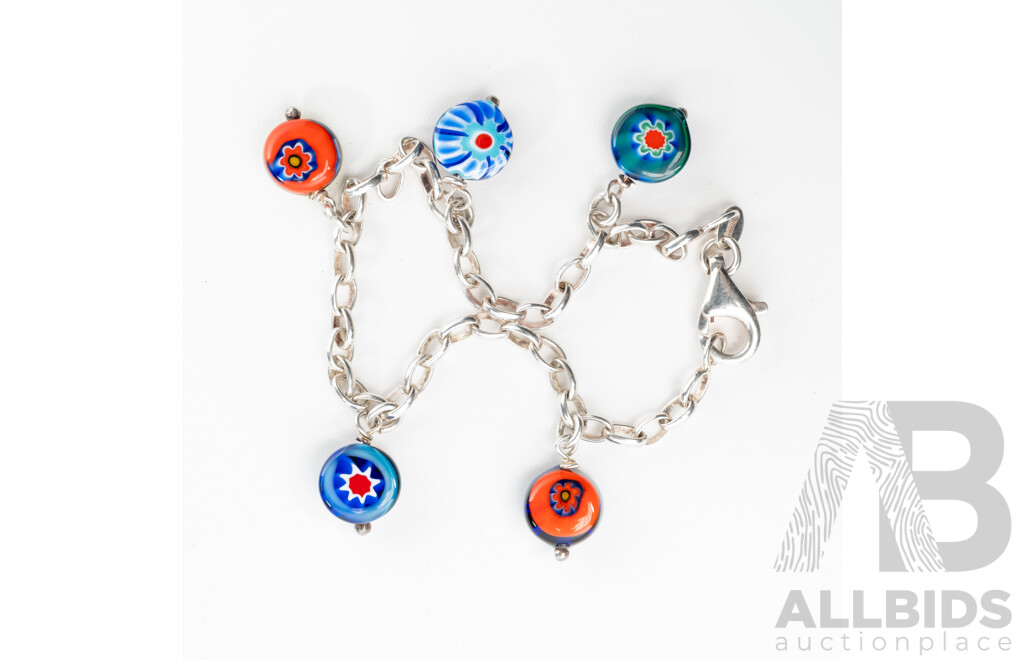 Sterling Silver Belcher Link Bracelet with Colourful Murano Glass Charms, 18cm, 8.62 Grams