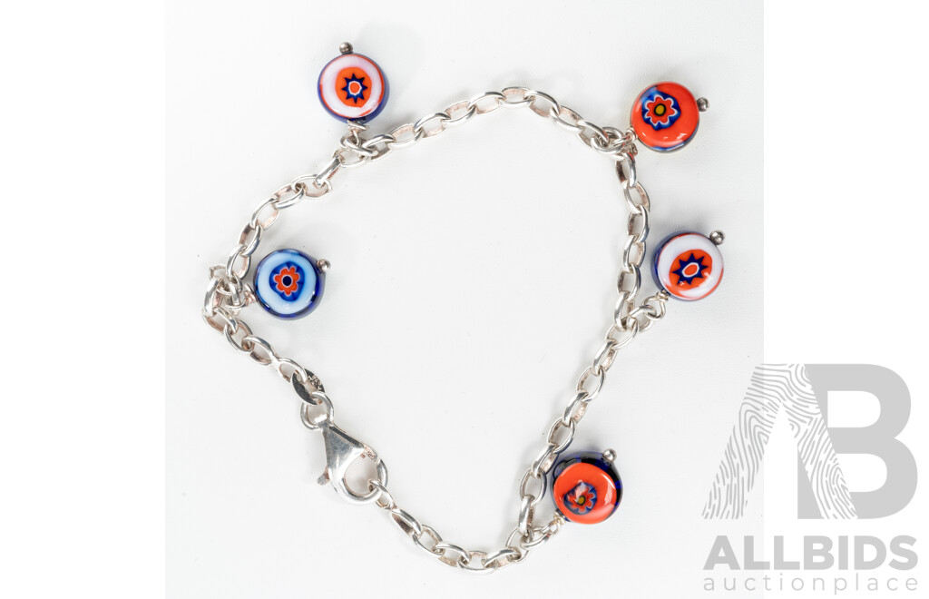 Sterling Silver Belcher Link Bracelet with Colourful Murano Glass Charms, 18cm, 8.62 Grams