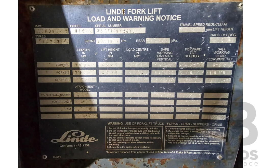 1995 LINDE H16 LPG Forklift