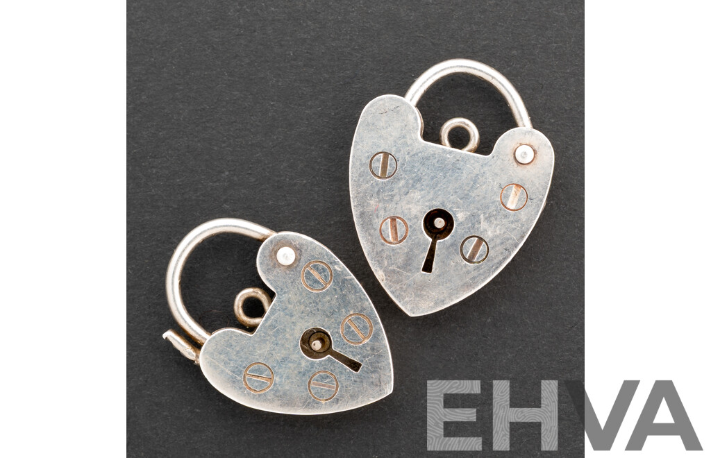 Sterling Silver Vintage Heart Shaped Padlock Clasps, (2) 12mm/14mm Wide, 3.83 Grams