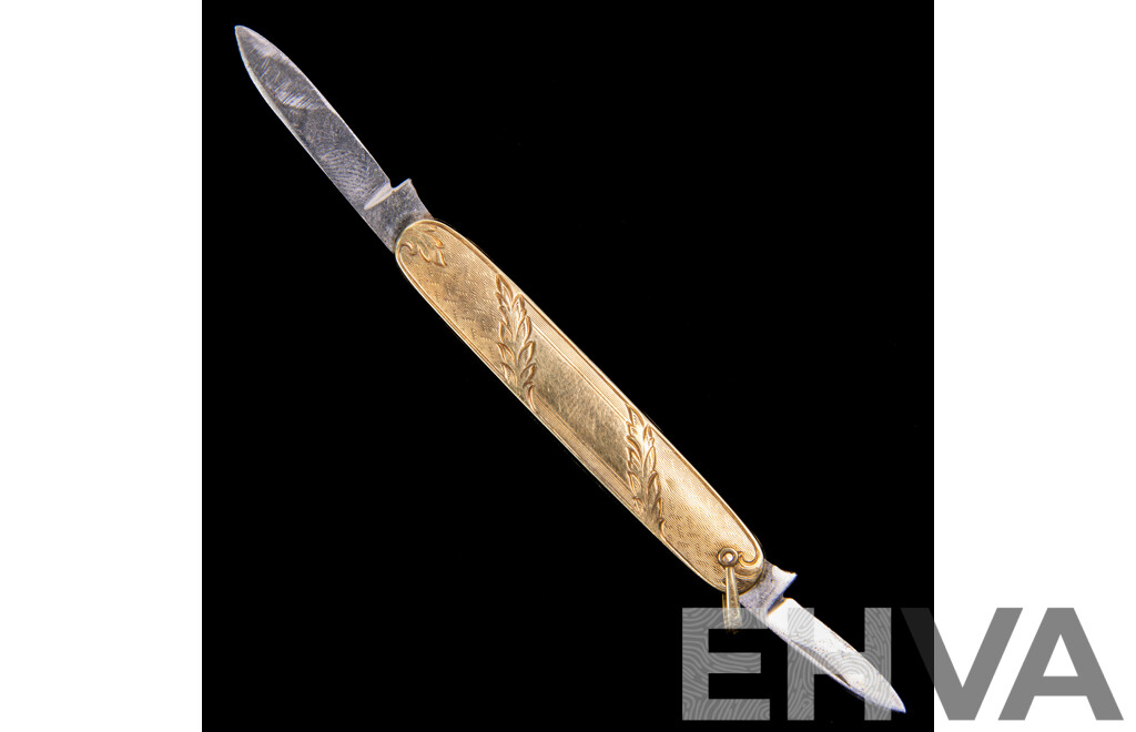 Antique 14K Gold Double Blade Etched Pocket Knife, 68mm, 18.63 Grams
