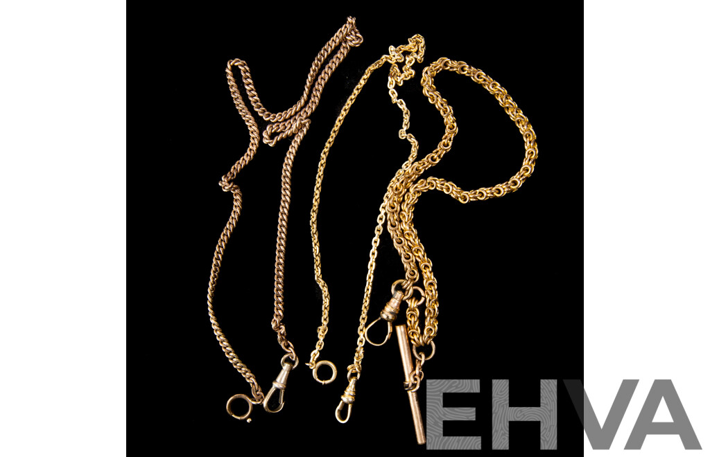 Collection of (3) Antique/vintage Gold Tone Fob Chains