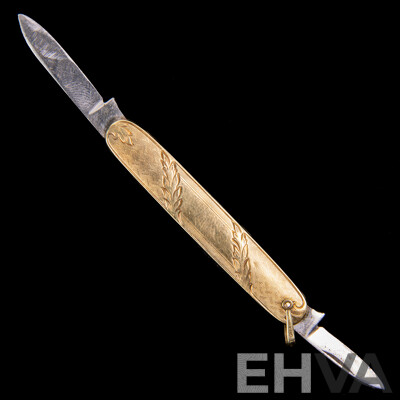 Antique 14K Gold Double Blade Etched Pocket Knife, 68mm, 18.63 Grams