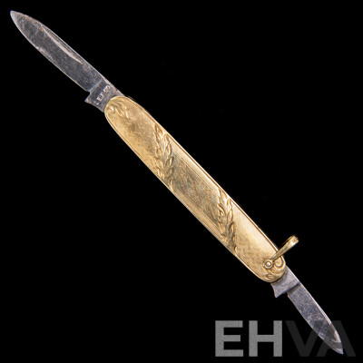 Antique 14K Gold Double Blade Etched Pocket Knife, 68mm, 18.63 Grams