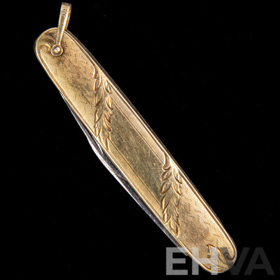 Antique 14K Gold Double Blade Etched Pocket Knife, 68mm, 18.63 Grams