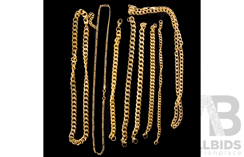 Collection of (3) Gold Plated Necklaces and (5) Gold Plated Bracelets