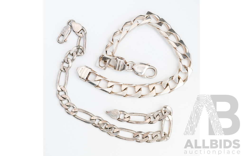 Sterling Silver Curb Link Bracelet & Sterling Silver Figaro 3+1 Bracelet, Both 20cm Long, 39.65 Grams