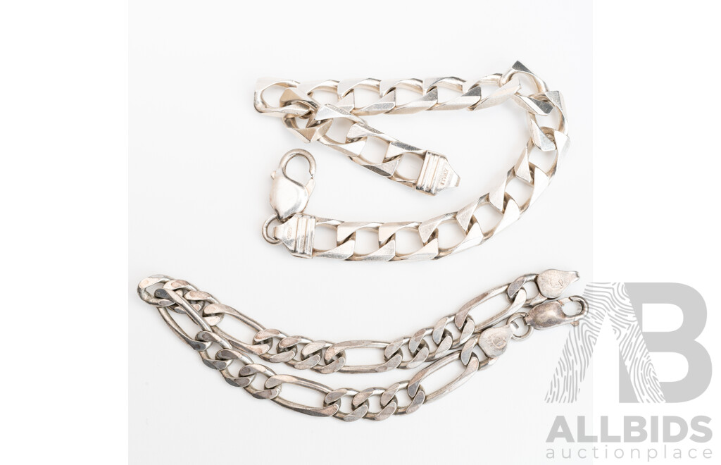 Sterling Silver Curb Link Bracelet & Sterling Silver Figaro 3+1 Bracelet, Both 20cm Long, 39.65 Grams