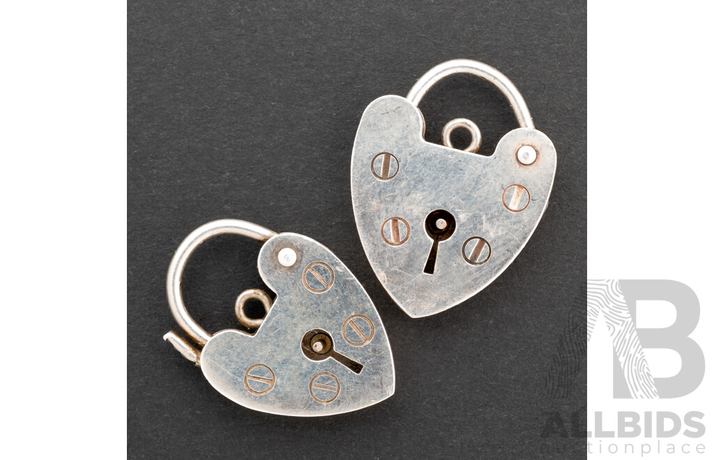 Sterling Silver Vintage Heart Shaped Padlock Clasps, (2) 12mm/14mm Wide, 3.83 Grams