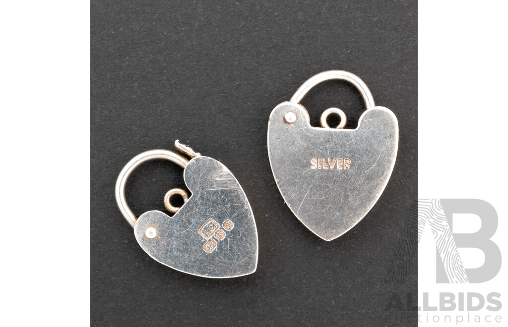 Sterling Silver Vintage Heart Shaped Padlock Clasps, (2) 12mm/14mm Wide, 3.83 Grams